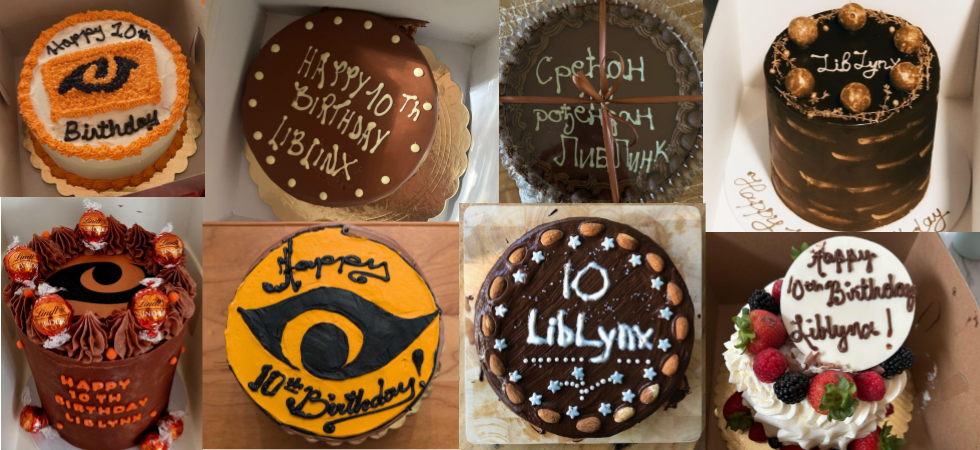 Eight examples of LibLynx birthday cakes from different local bakeries